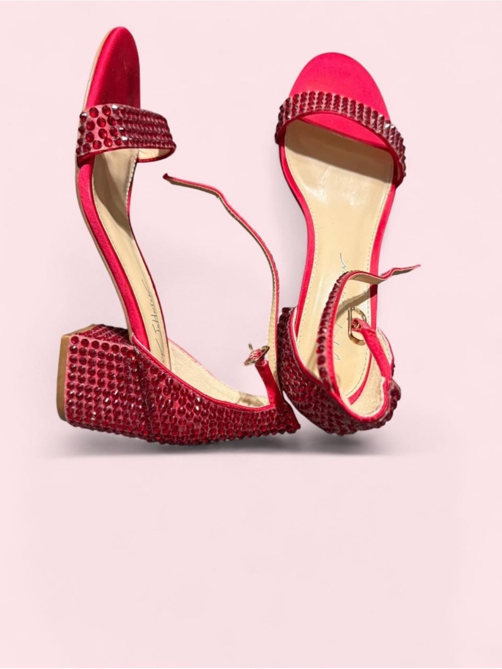 Embellished Red Ankle-Strap Block Heel Sandals